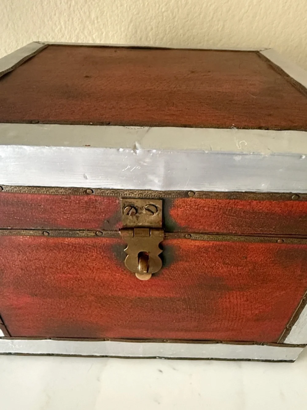Vintage Handmade Wooden Box with Brass and Aluminum Trim.